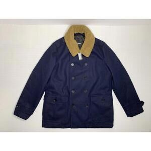 Express Women's XL Dark Blue Double Breasted Wool Faux Fur Collar Overcoat P147